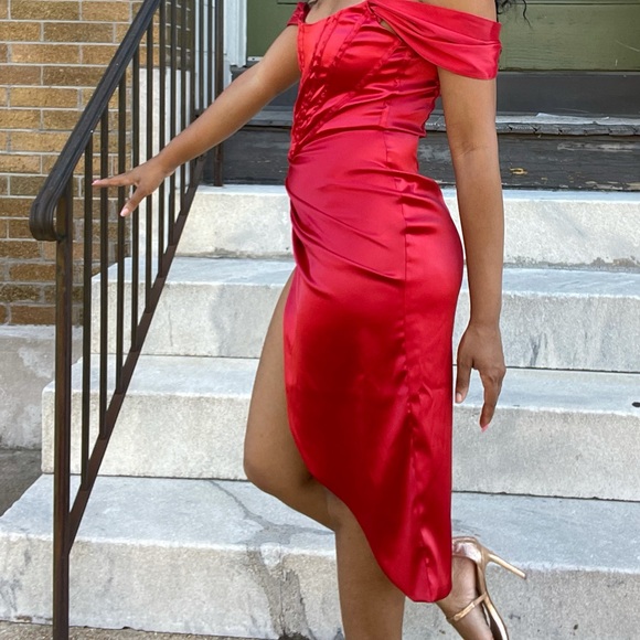 Red Satin Off the Shoulder Dress with Thigh Split - Picture 8 of 14